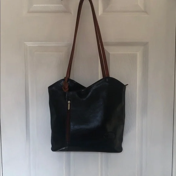 Vera Pelle Italian Leather Black/Brown Shoulder Backpack Bag - Picture 2 of 16